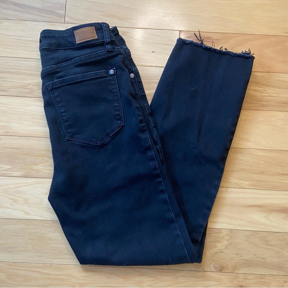 Judy Blue Straight Leg Jeans Womens Sz 5/27 Black Denim Frayed Hem Ankle